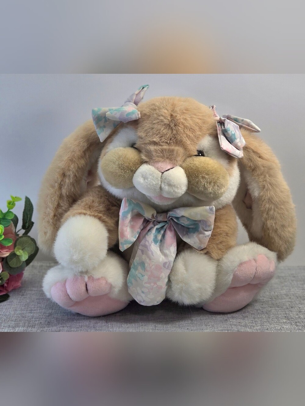 Vintage 1992 Commonwealth Cheeky Bunny Plush Rabbit 12" Floral Bow Easter Toy